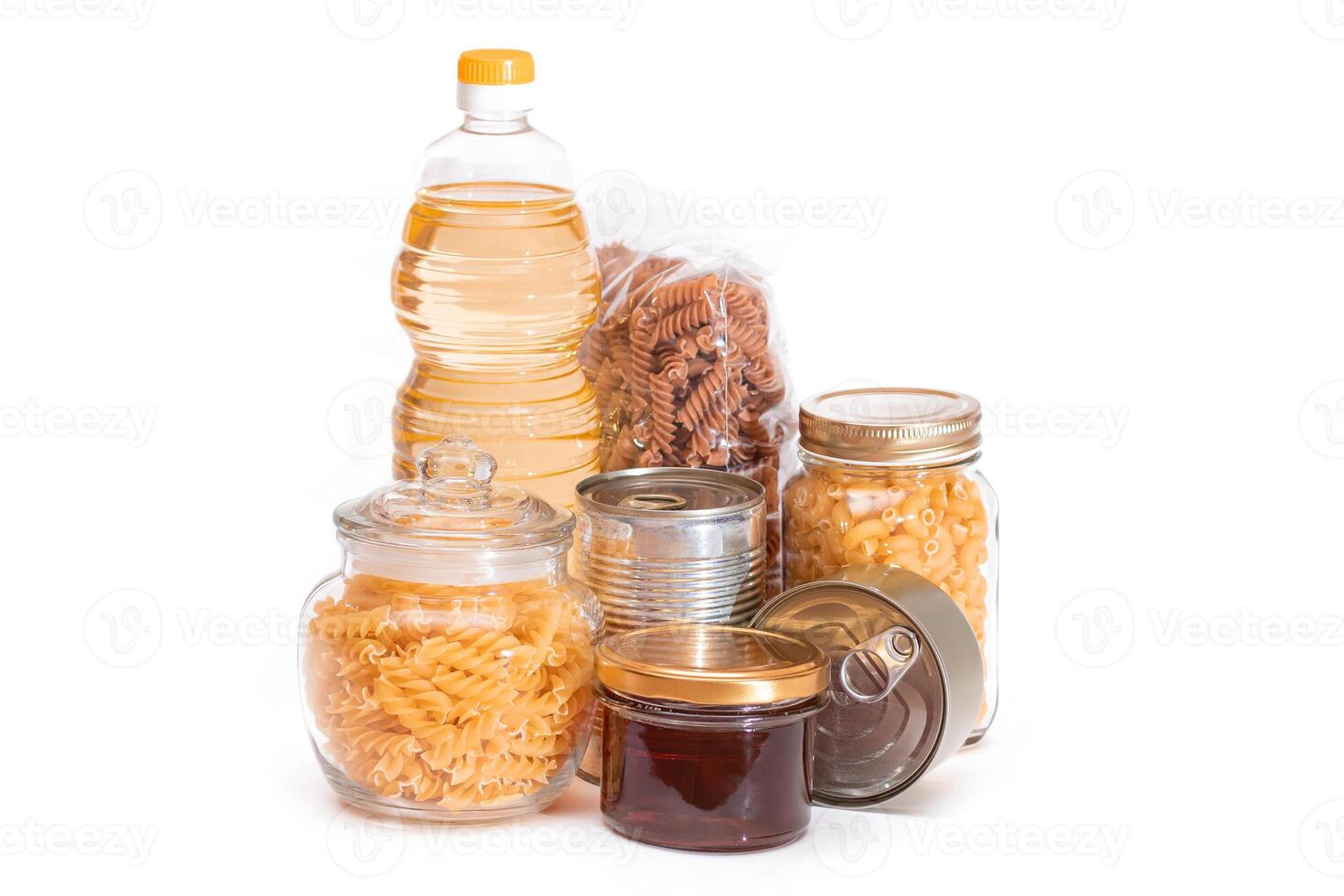 Food Reserves. Canned Food, Spaghetti, Pate, Tuna, Tomato Juice, Pasta, Fish and Grocery - Isolated on White Background. Emergency Food Storage in Case of Crisis. Strategic Food Supplies - Isolation photo