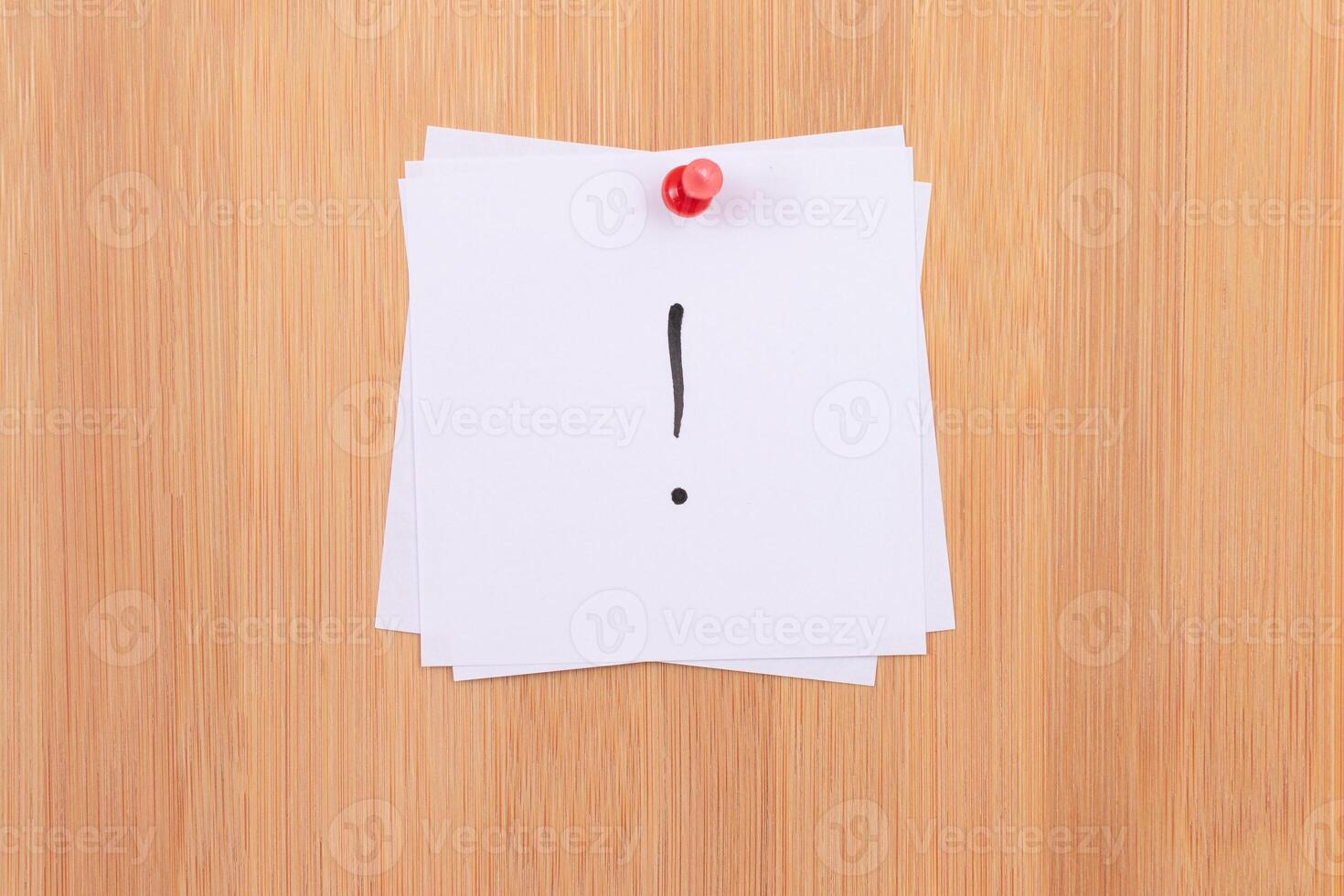 White Sticky Notes with Exclamation Point Pinned to the Wooden Message Board. To Do List Reminder in the Office. Memo Note at Work photo