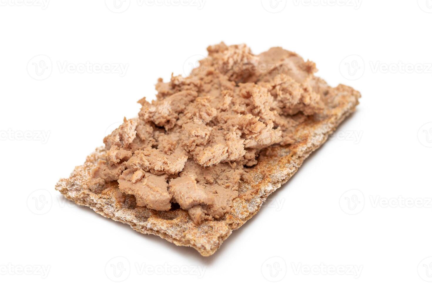 Crispy Sandwich with Chicken Pate Isolated on White Background. Whole Grain Bread with Liver Pate. Diet Breakfast and Healthy Food photo