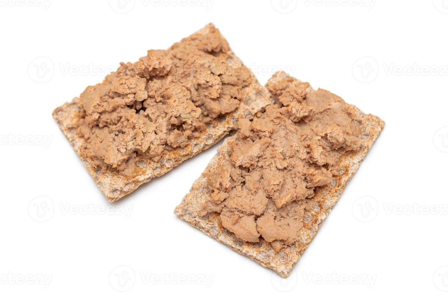 Crispy Sandwich with Chicken Pate Isolated on White Background. Whole Grain Bread with Liver Pate. Diet Breakfast and Healthy Food photo