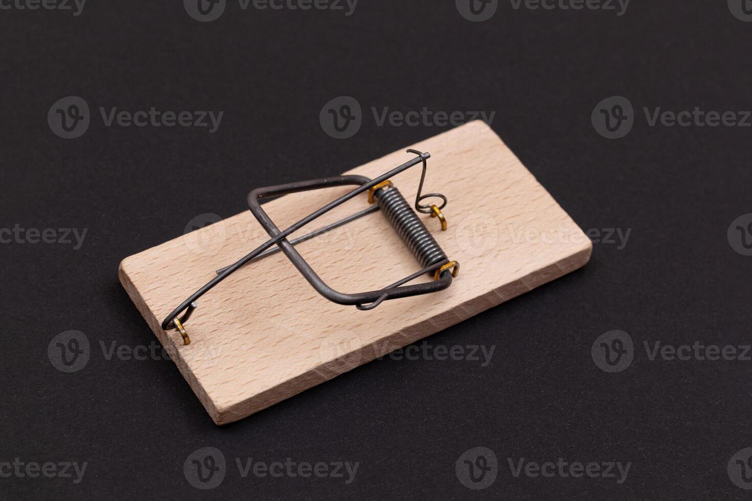 Wooden Mouse Trap. Empty Loaded Mousetrap on Black Background photo