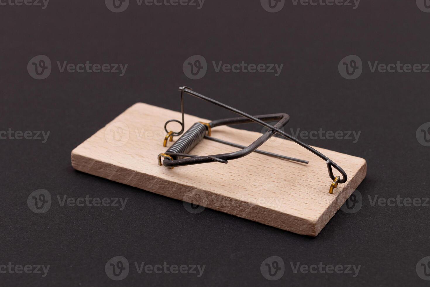 Wooden Mouse Trap. Empty Loaded Mousetrap on Black Background photo