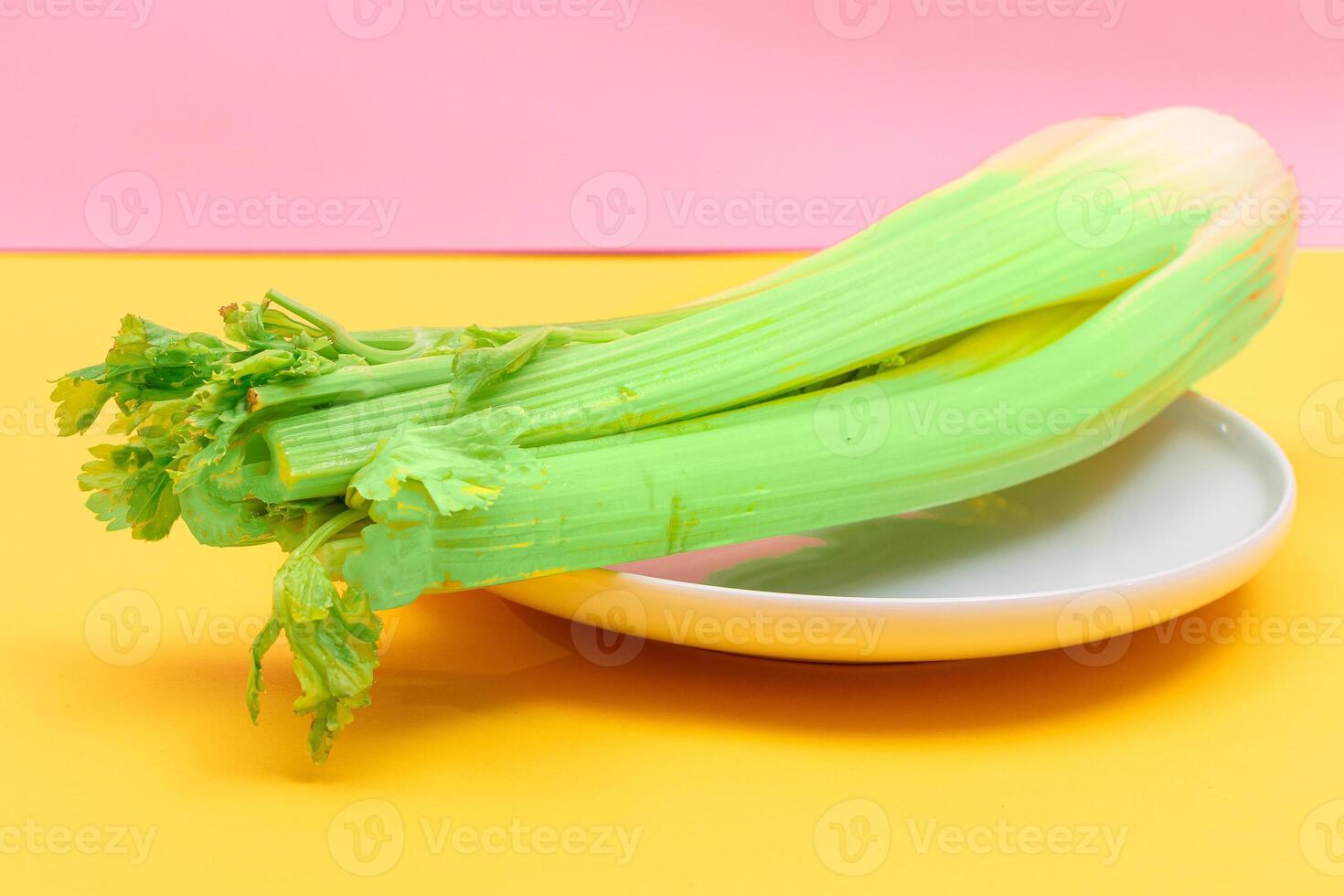 Fresh Celery Stalk on White Dish. Vegan and Vegetarian Culture. Raw Food. Healthy Diet with Negative Calorie Content photo