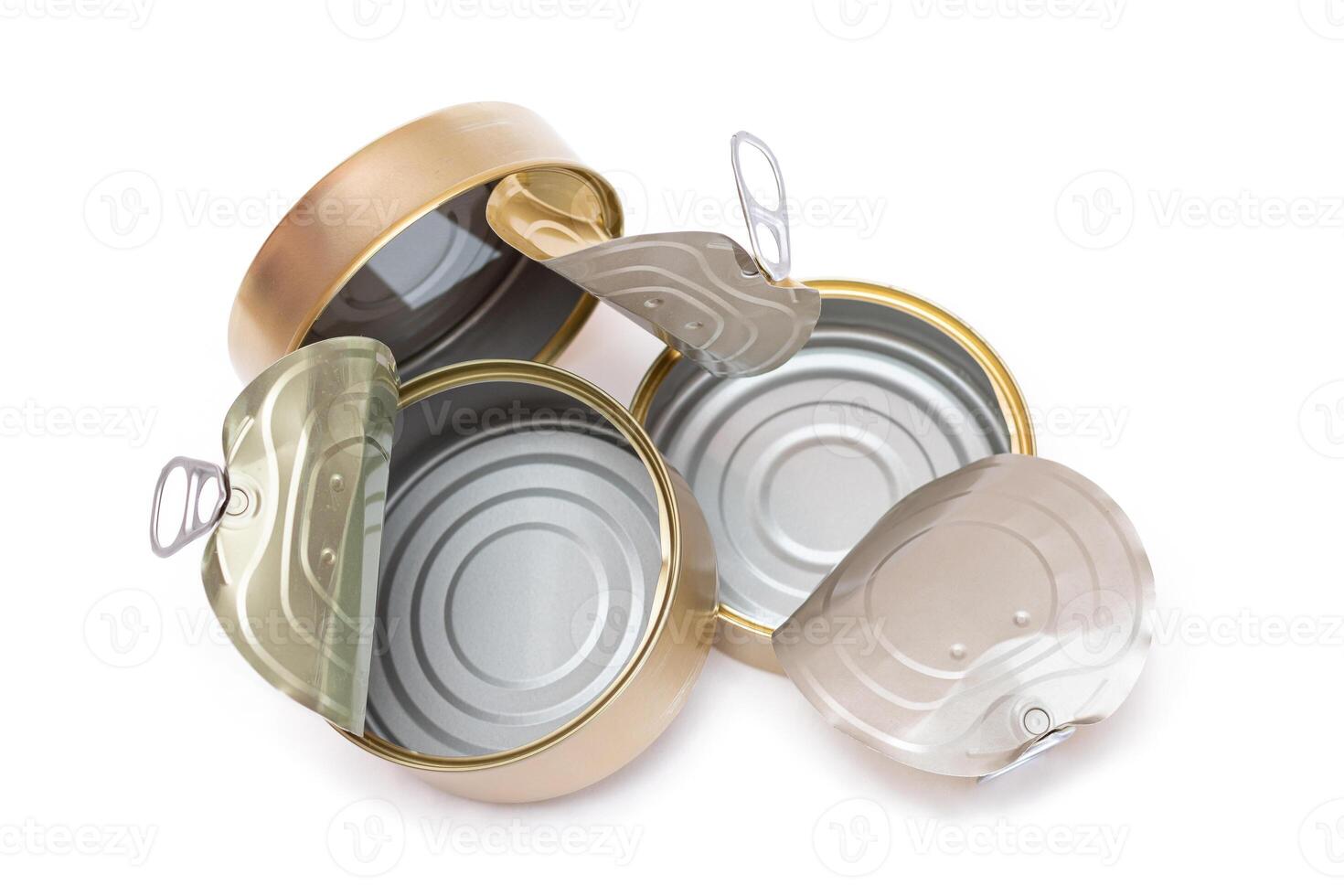 Three Opened Empty Tin Cans Isolated on White Background. Clean Used Aluminum Cans - Isolation. Non-Degradable Inorganic Waste photo