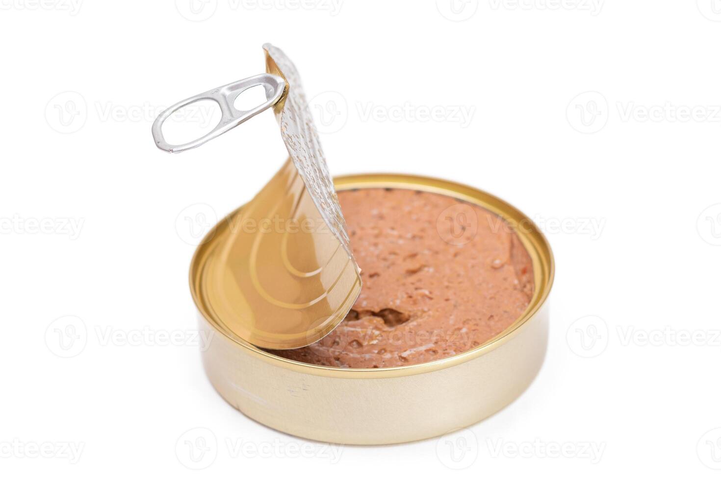 Opened Tin Can with Chicken Liver Pate Isolated on White Background. Open Canned Pate - Isolation photo