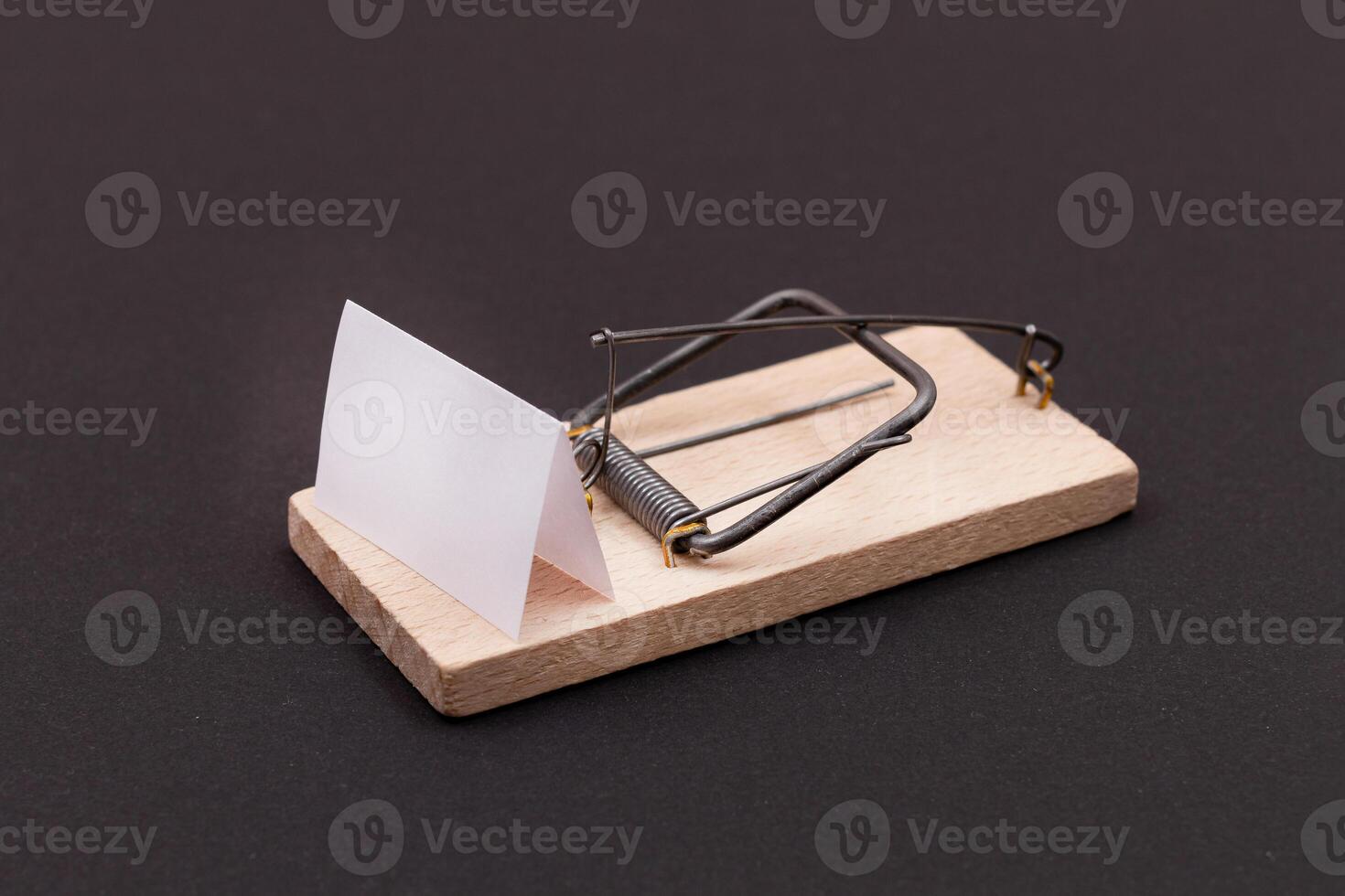Blank White Sheet of Paper in Wooden Mousetrap - Template. Small Memo Paper in Mouse Trap on Black Background photo