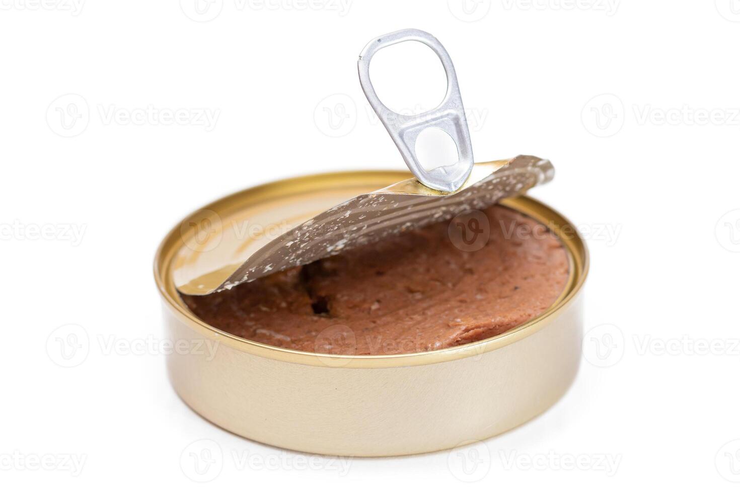Opened Tin Can with Chicken Liver Pate Isolated on White Background. Open Canned Pate - Isolation photo