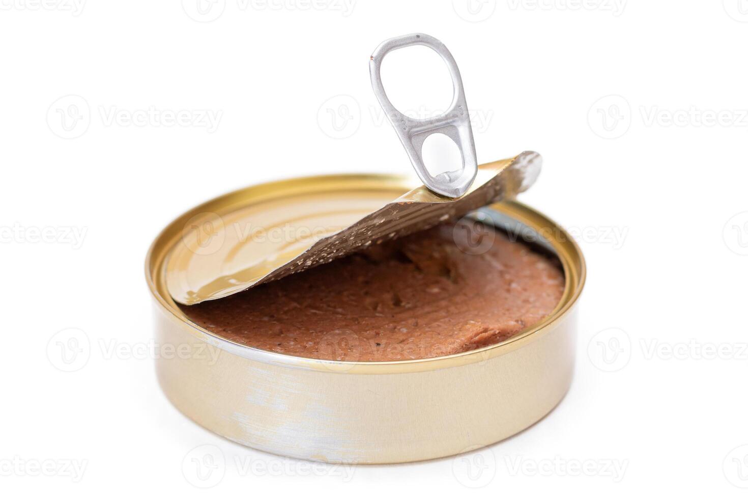 Opened Tin Can with Chicken Liver Pate Isolated on White Background. Open Canned Pate - Isolation photo