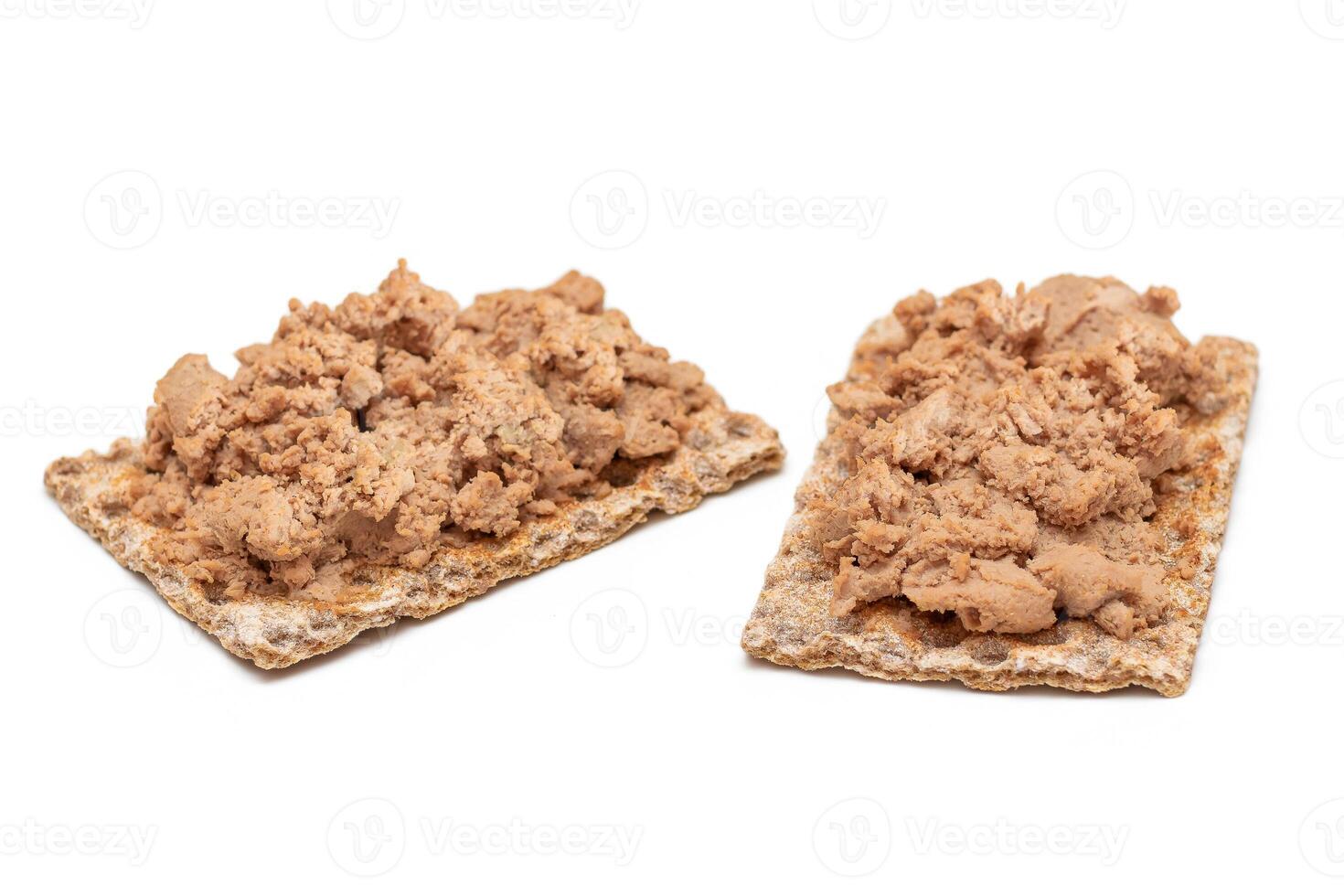 Crispy Sandwich with Chicken Pate Isolated on White Background. Whole Grain Bread with Liver Pate. Diet Breakfast and Healthy Food photo