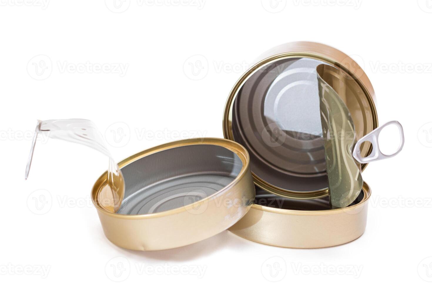 Three Opened Empty Tin Cans Isolated on White Background. Clean Used Aluminum Cans - Isolation. Non-Degradable Inorganic Waste photo
