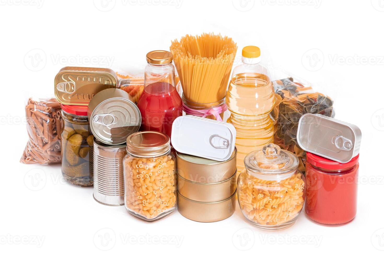 Food Reserves. Canned Food, Spaghetti, Tomato Juice, Pasta and Grocery - Isolated on White Background. Emergency Food Storage in Case of Crisis. Strategic Food Supplies - Isolation photo