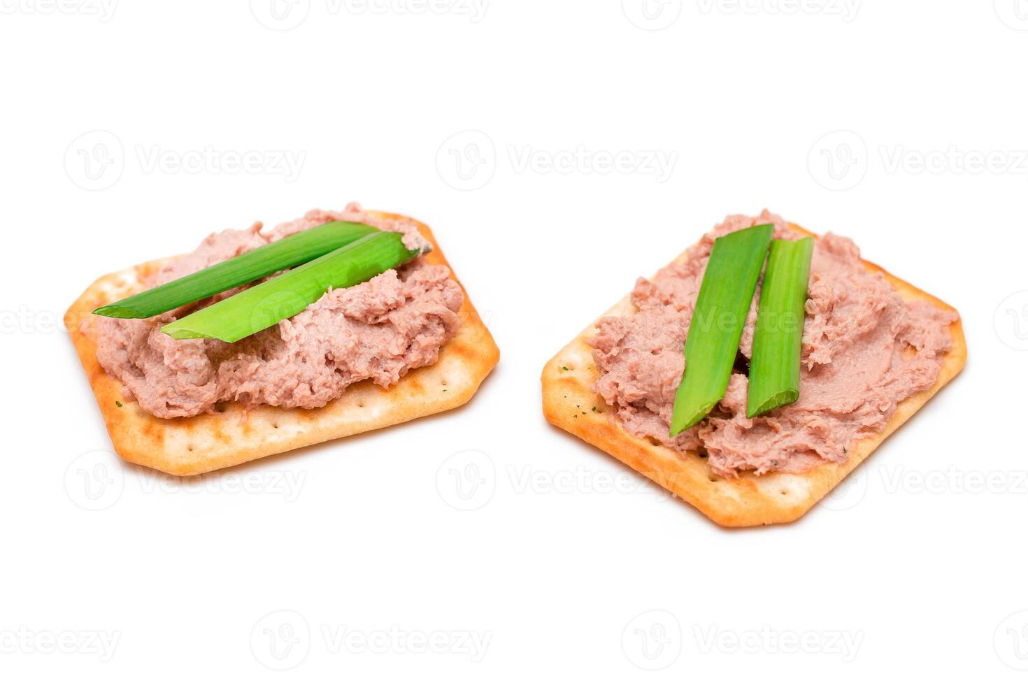 Crispy Salted Cracker with Liver Pate and Green Onions - Isolated on White. Easy Snack - Isolation photo