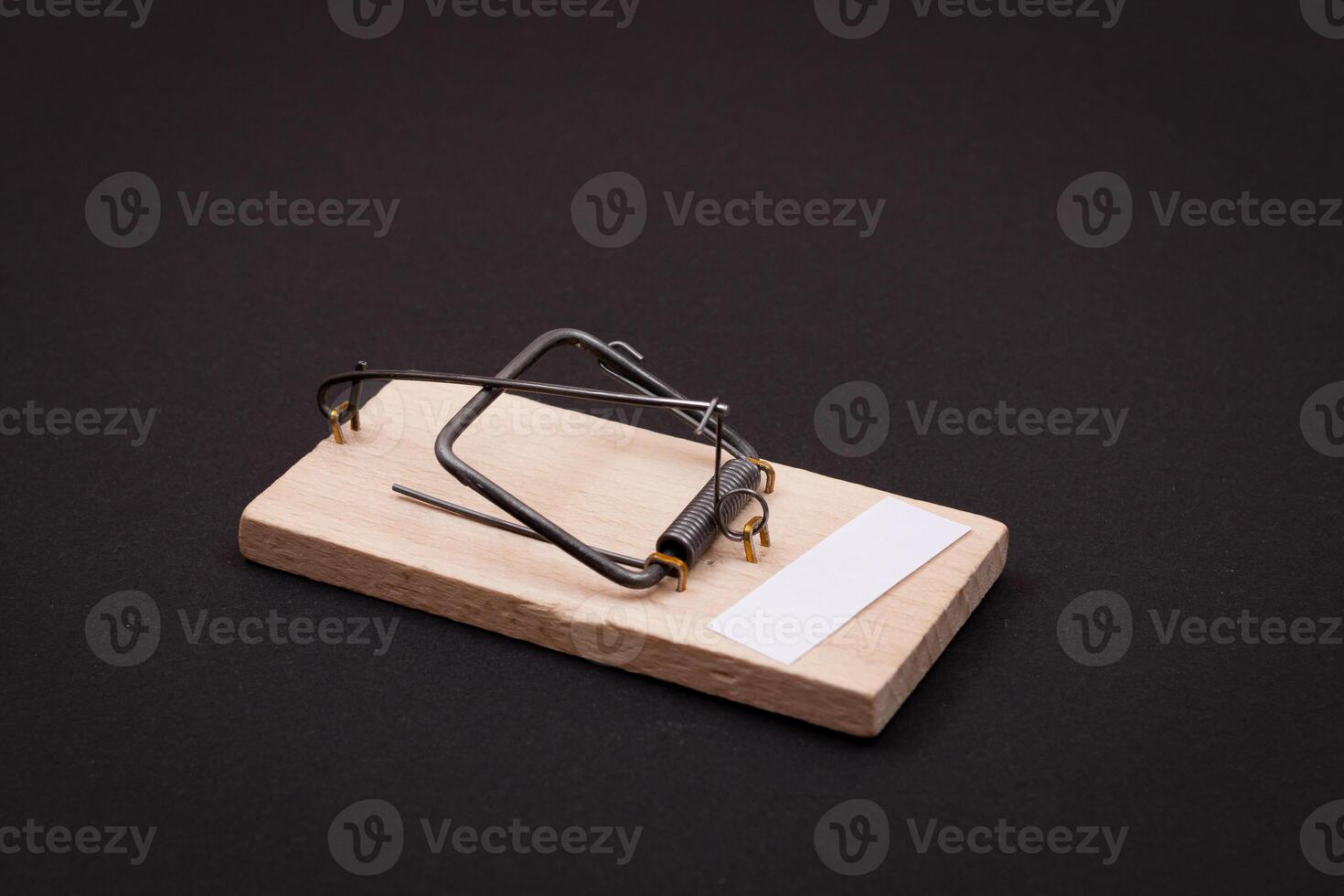 Blank White Sheet of Paper in Wooden Mousetrap - Template. Small Memo Paper in Mouse Trap on Black Background photo