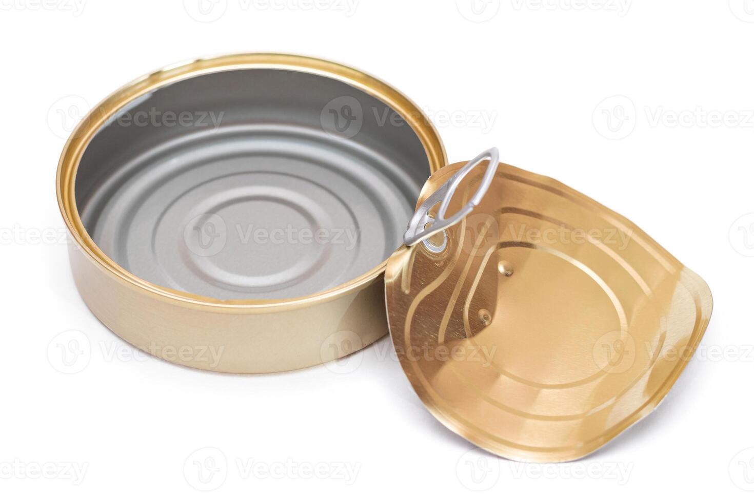 Opened Empty Tin Can With Broken Cover Isolated on White Background. Clean Used Aluminum Can - Isolation. Non-Degradable Inorganic Waste photo