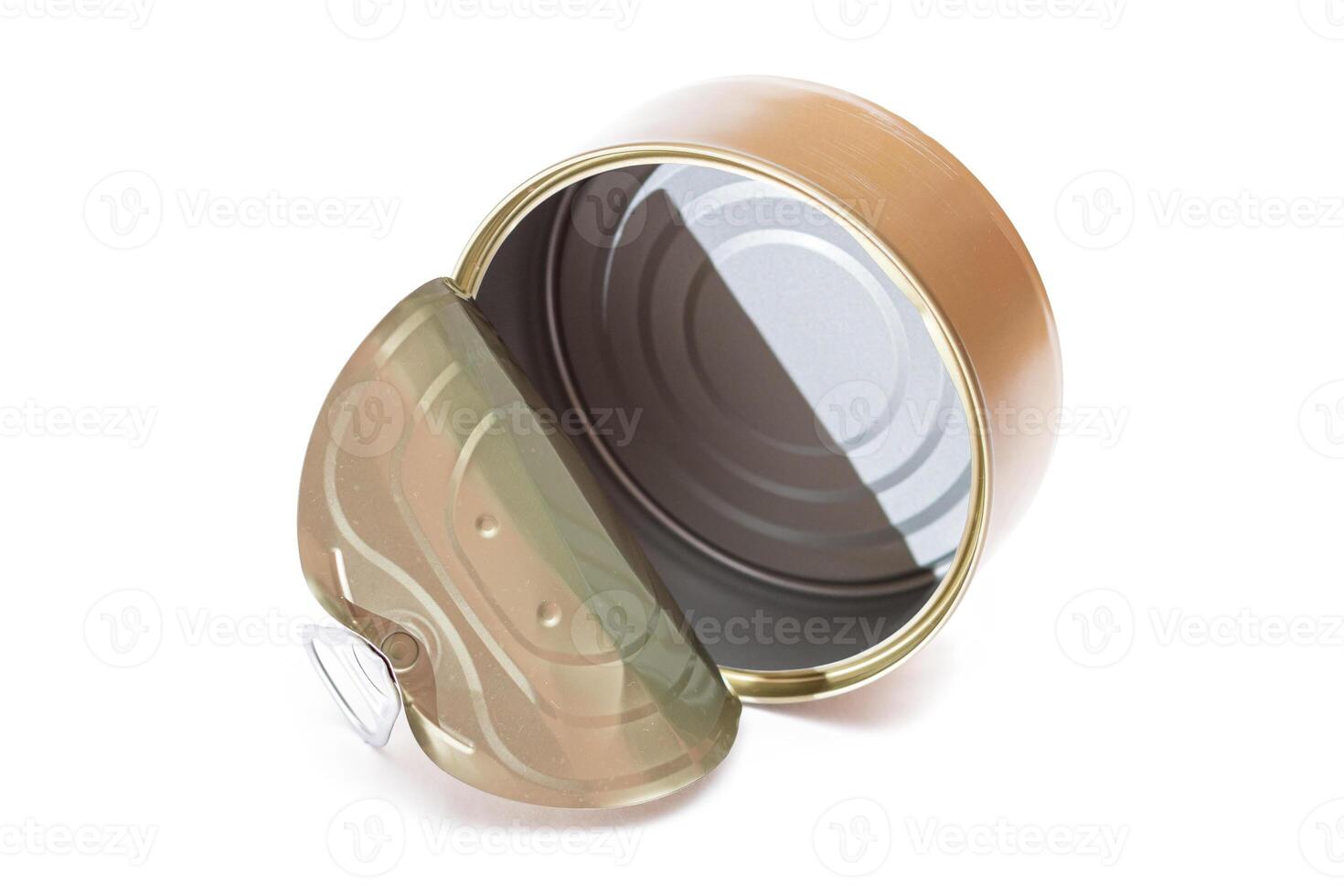 Opened Empty Tin Can Isolated on White Background. Clean Used Aluminum Can - Isolation. Non-Degradable Inorganic Waste photo