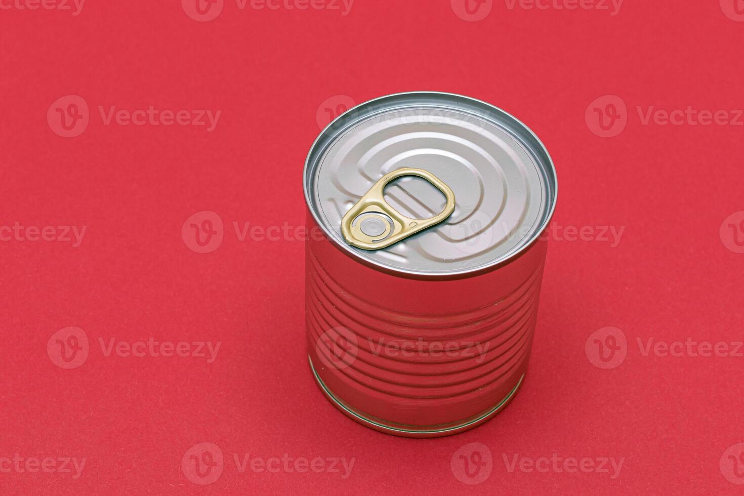 Unopened Tin Can with Blank Edge on Red Background. Canned Food. Aluminum Can for Safe and Long Term Storage of Food. Steel Sealed Food Storage Container photo