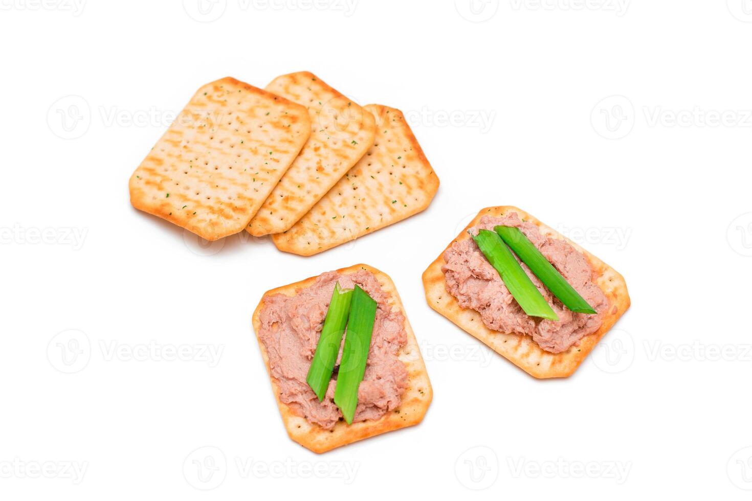 Crispy Salted Cracker with Liver Pate and Green Onions - Isolated on White. Easy Snack - Isolation photo