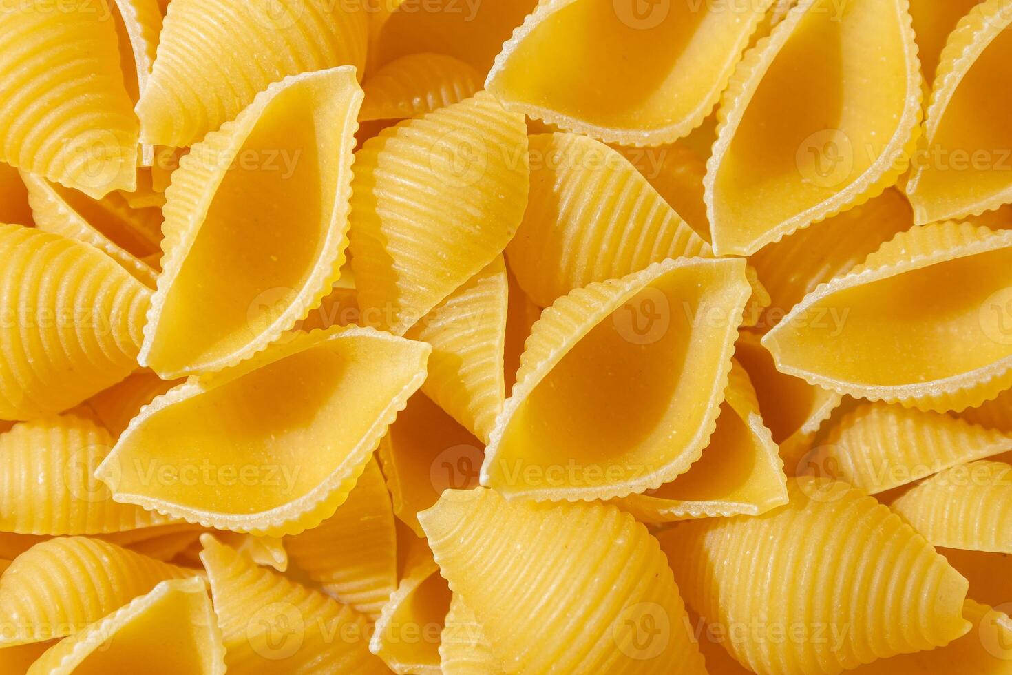 Uncooked Conchiglie Pasta. A Culinary Canvas of Conchiglie Macaroni, Creating a Lively and Textured Background for Gourmet Cooking. Dry Pasta. Raw Macaroni - Top View, Flat Lay photo