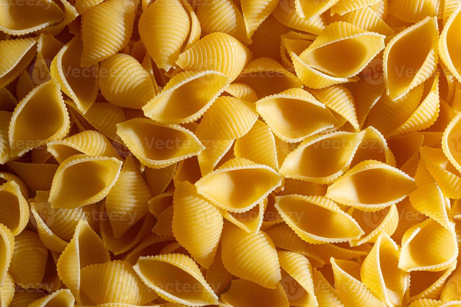 Uncooked Conchiglie Pasta. A Culinary Canvas of Conchiglie Macaroni, Creating a Lively and Textured Background for Gourmet Cooking. Dry Pasta. Raw Macaroni - Top View, Flat Lay photo