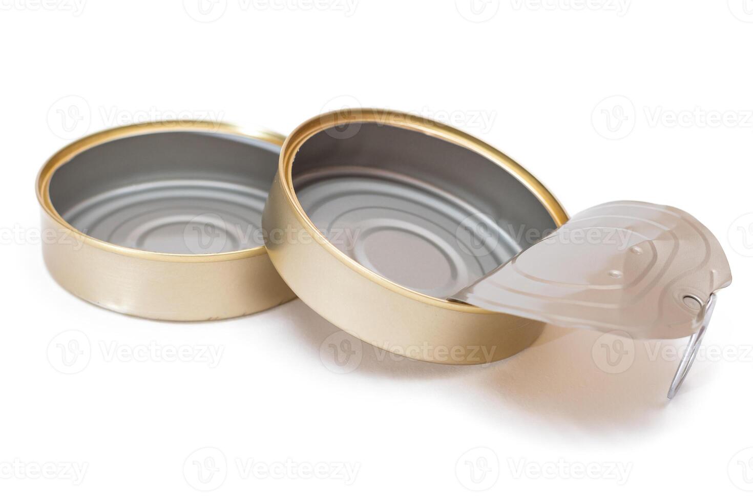 Two Opened Empty Tin Cans Isolated on White Background. Clean Used Aluminum Cans - Isolation. Non-Degradable Inorganic Waste photo