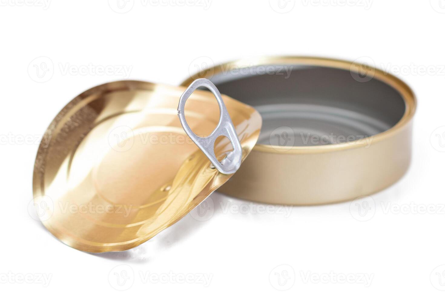 Opened Empty Tin Can With Broken Cover Isolated on White Background. Clean Used Aluminum Can - Isolation. Non-Degradable Inorganic Waste photo
