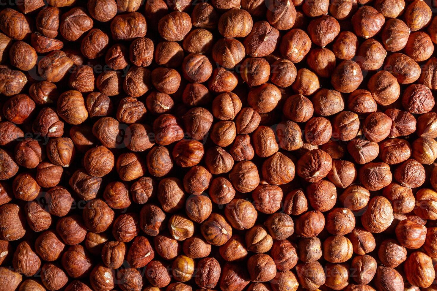 Scattered Peeled Hazelnut - Top View. Background from Hazelnuts. Natural High-Calorie Snacks photo
