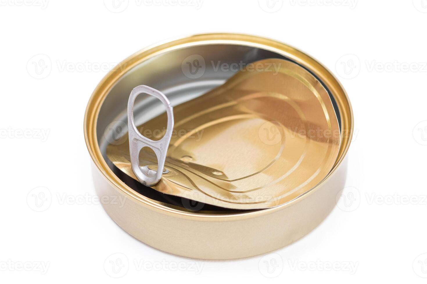 Opened Empty Tin Can With Broken Cover Isolated on White Background. Clean Used Aluminum Can - Isolation. Non-Degradable Inorganic Waste photo