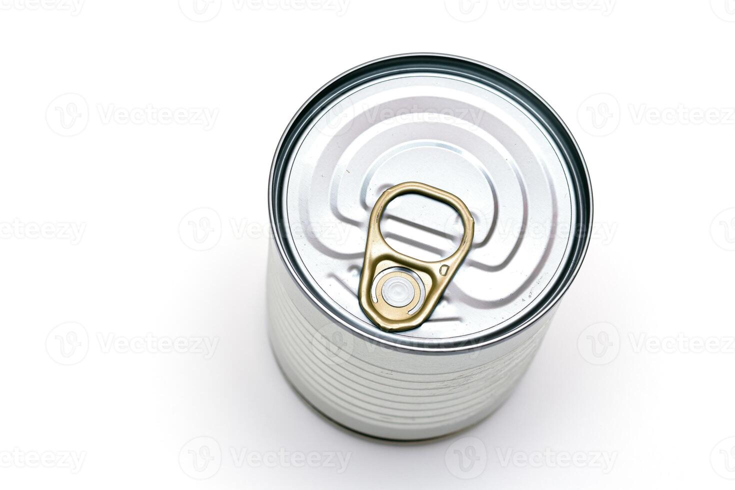 Unopened Tin Can with Blank Edge on White Background. Canned Food. Aluminum Can for Safe and Long Term Storage of Food. Steel Sealed Food Storage Container photo