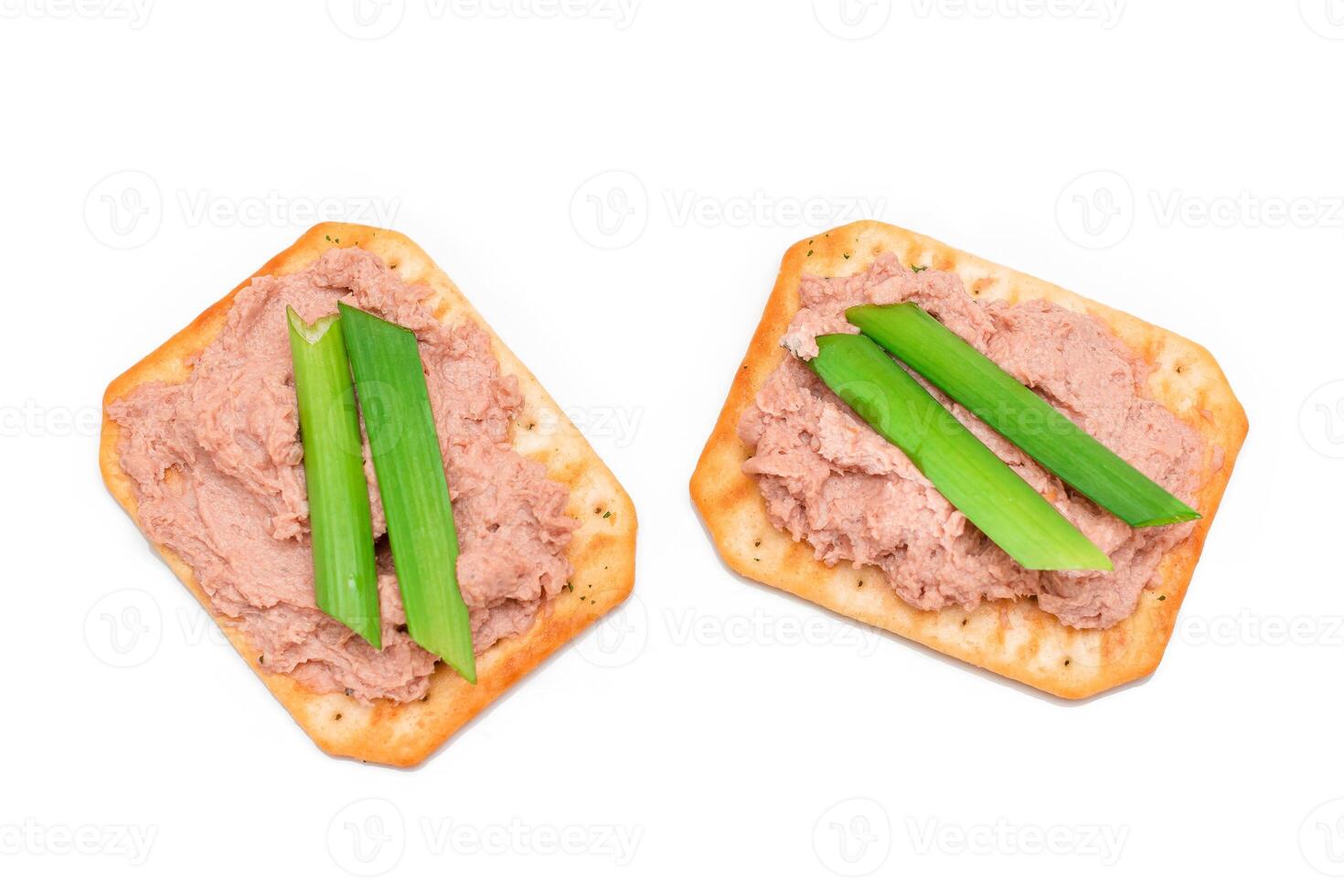 Crispy Salted Cracker with Liver Pate and Green Onions - Isolated on White. Easy Snack - Isolation photo
