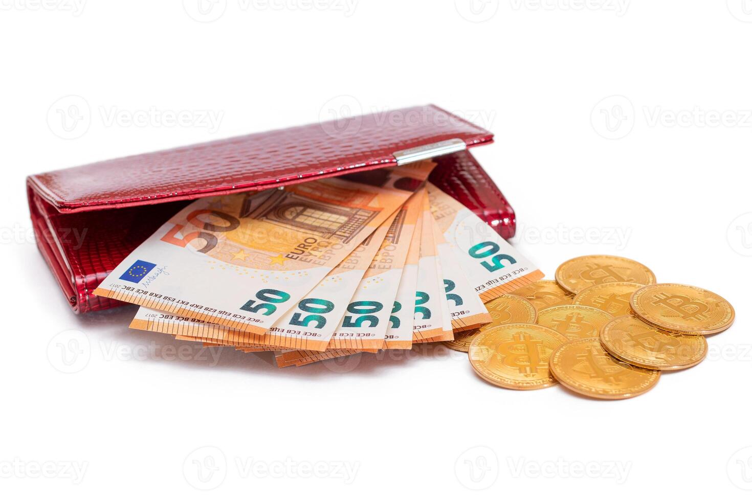 Red Leather Women Purse with Fifty Euro Banknotes and Bitcoin Coins - Isolated on White Background. A Wallet Full of 50 Euro Paper Money Symbolizing Wealth, Success and Social Status - Isolation photo