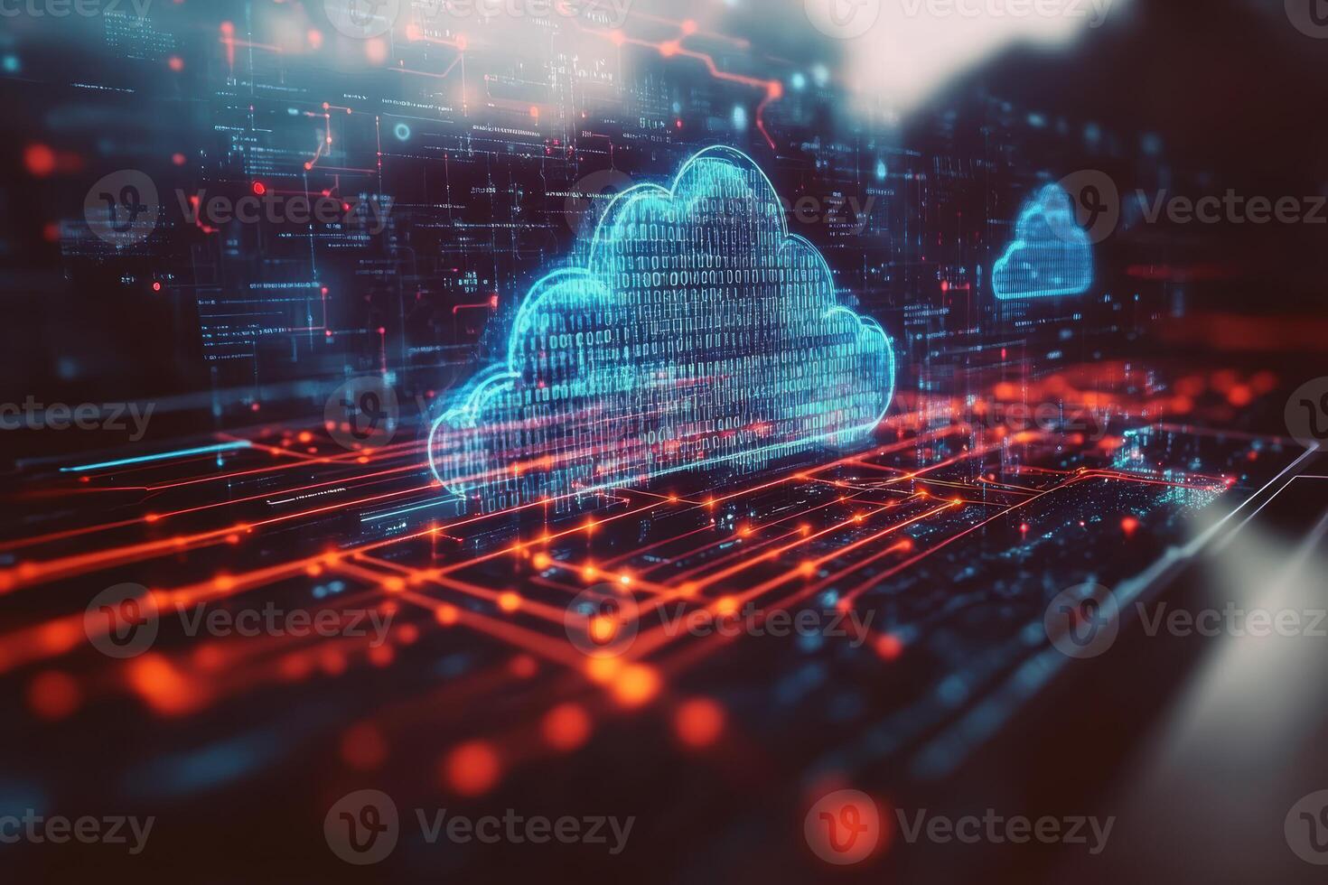Cloud technology is represented through digital clouds and binary code, symbolizing data transfer and connectivity in vibrant, futuristic setting photo