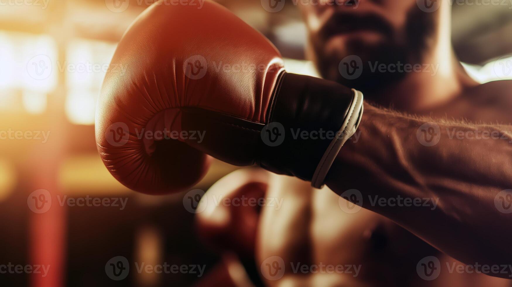close up of boxer preparing to throw punch, showcasing red boxing glove and muscular arm. image captures intensity and focus of sport, highlighting athletes dedication photo