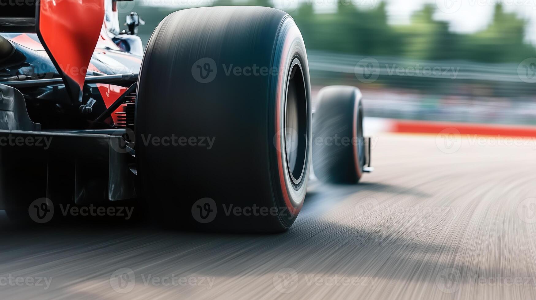 Fast moving race car tires on racetrack, showcasing speed and precision. blurred background emphasizes dynamic motion and excitement of motorsport photo