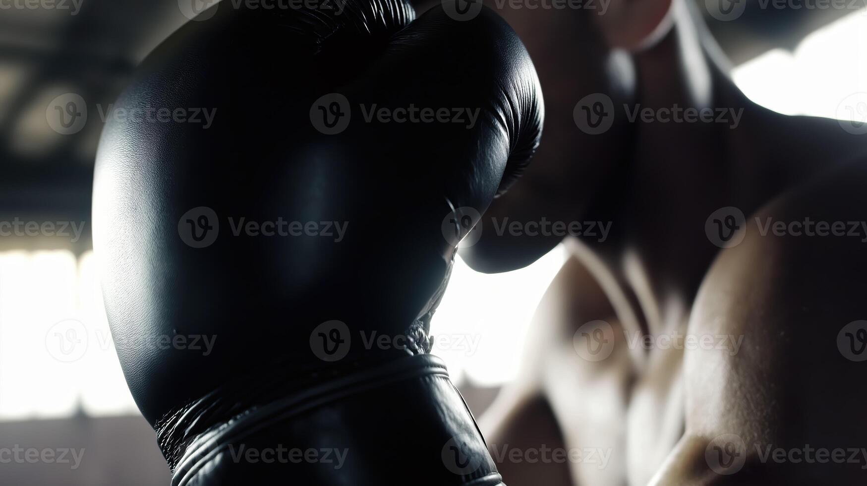close up of boxer preparing for match, showcasing black boxing glove and muscular arm. focus on glove highlights intensity and dedication of sport photo