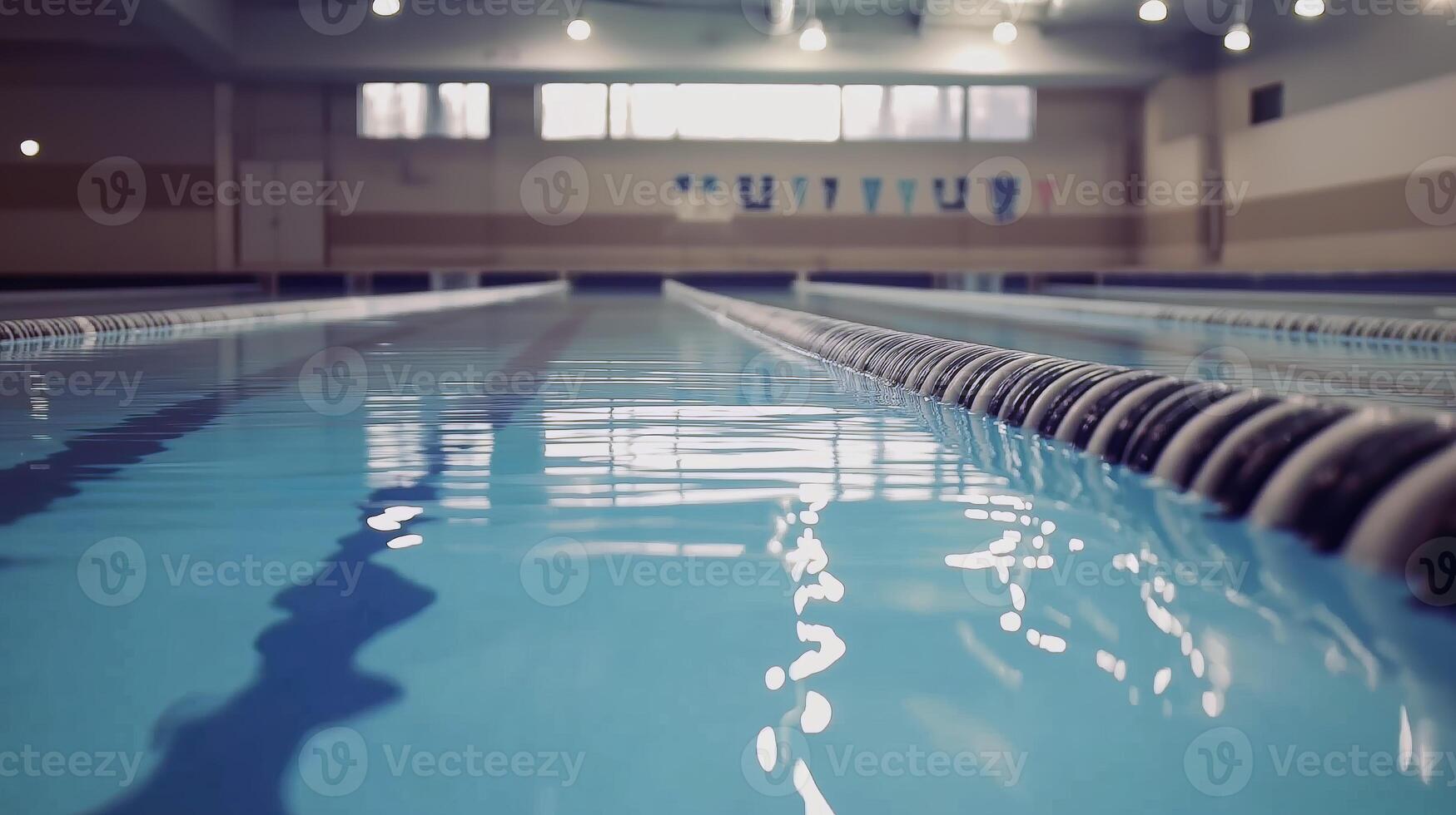 serene indoor swimming pool with clear blue water and lane dividers, creating calm and inviting atmosphere for swimmers. lighting enhances tranquil setting, perfect for relaxation or training photo