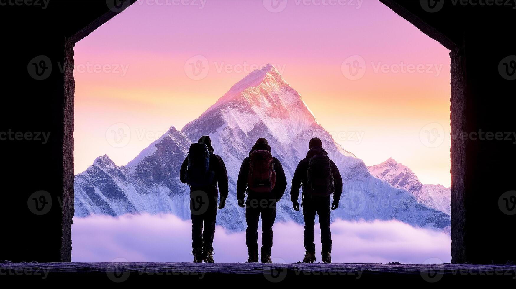 Three hikers stand silhouetted against stunning mountain backdrop at sunrise, evoking sense of adventure and exploration photo