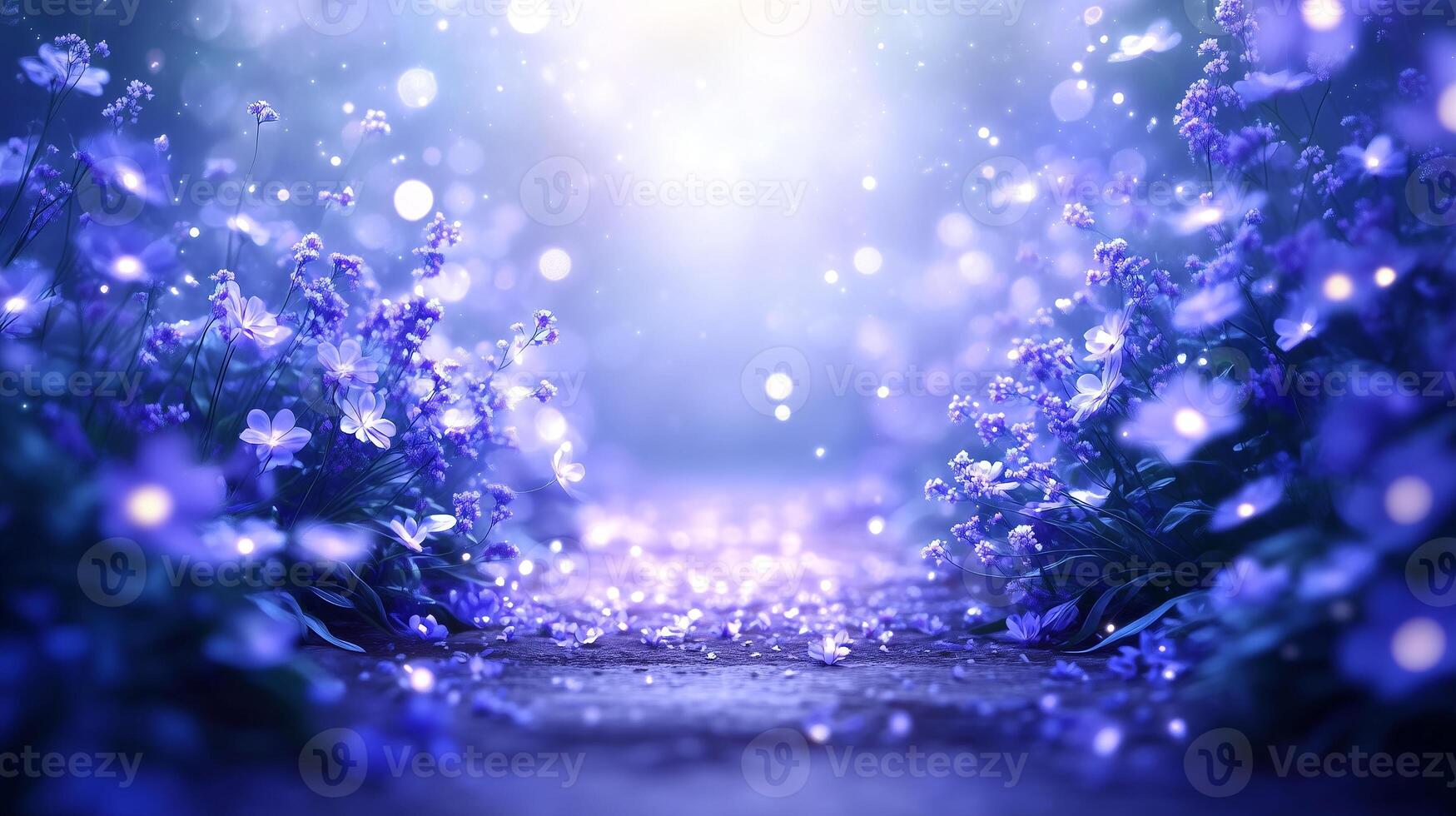 serene pathway surrounded by vibrant purple flowers creates magical atmosphere filled with soft light and enchanting bokeh effects. This tranquil scene invites sense of peace and wonder photo