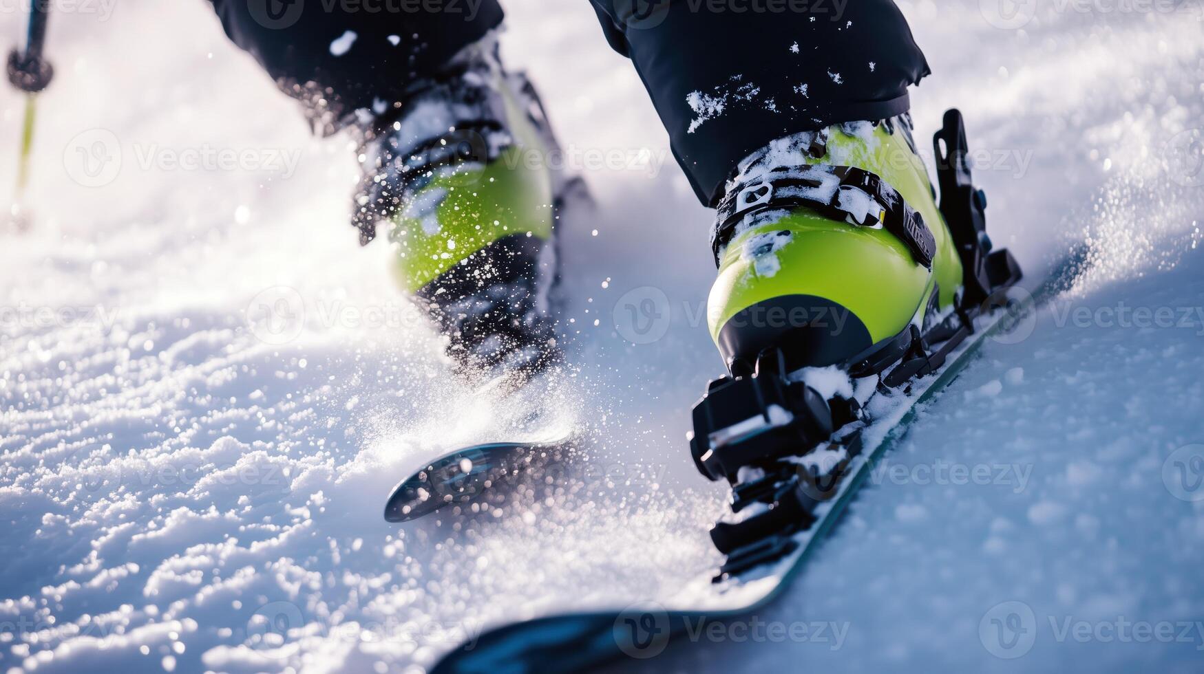 Snowboard boots on snowy slope, showcasing thrill of winter sports. vibrant colors contrast with white snow, capturing excitement of skiing photo