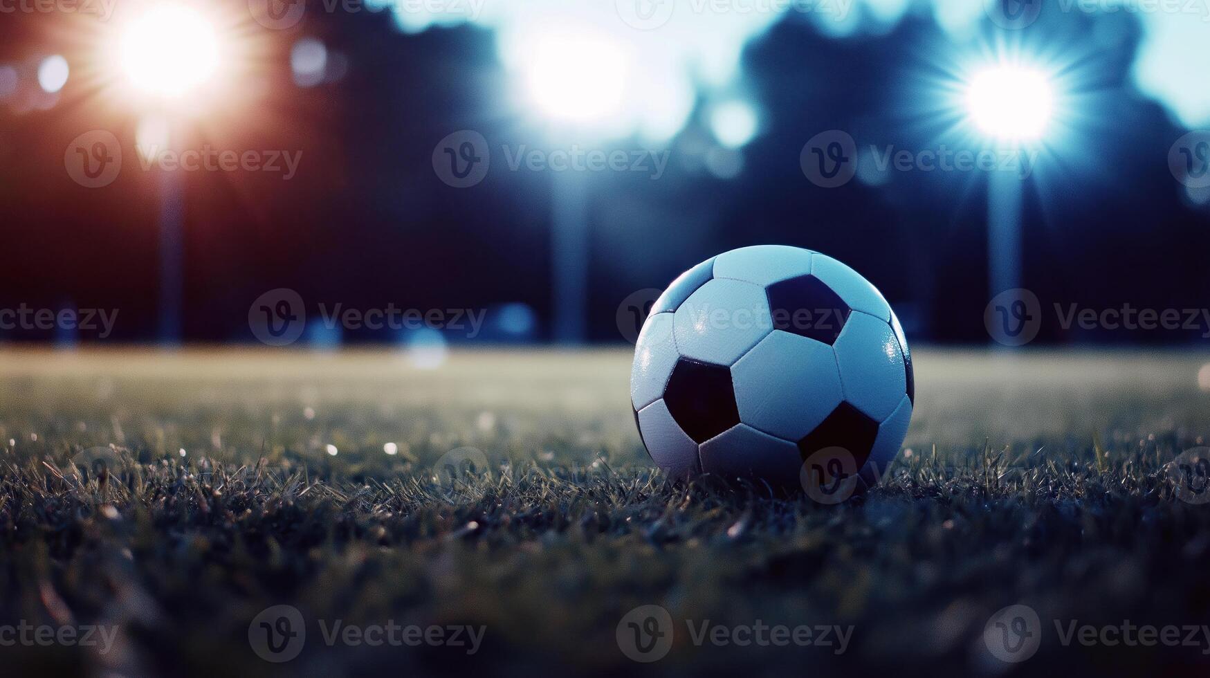 close up view of soccer ball resting on grassy field, illuminated by bright stadium lights in background, creating exciting atmosphere for game photo