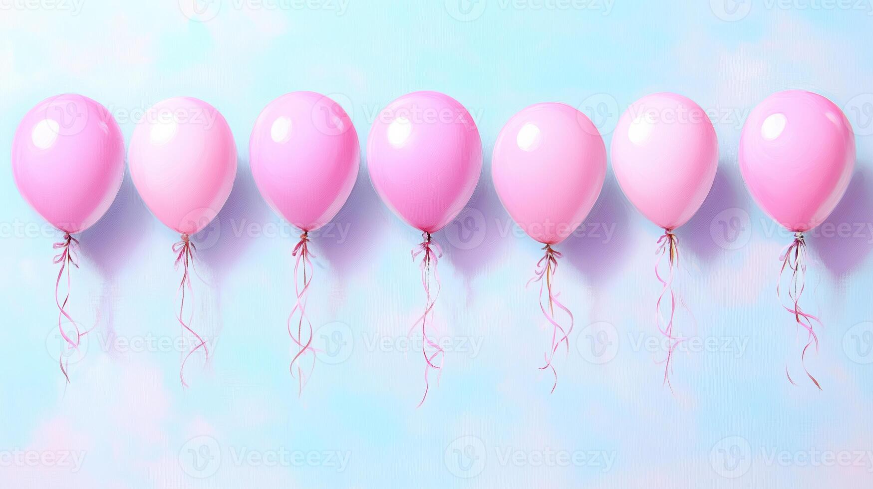 Pink balloons float gently against soft blue background, creating cheerful and festive atmosphere. Perfect for celebrations, parties, or special occasions photo