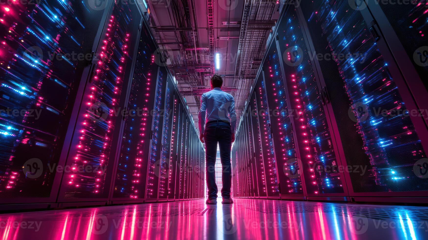 cybersecurity expert stands in data center surrounded by glowing server racks, showcasing advanced technology and vibrant atmosphere. scene reflects innovation and security in digital age photo