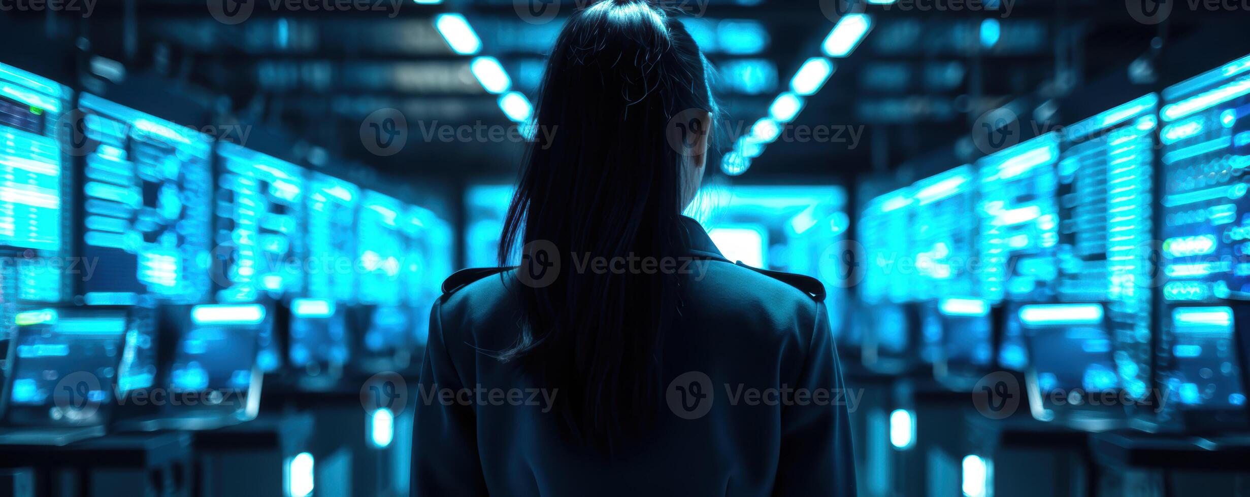 cybersecurity expert stands in data center, surrounded by glowing screens displaying data and analytics. atmosphere is intense and focused, highlighting importance of cybersecurity photo