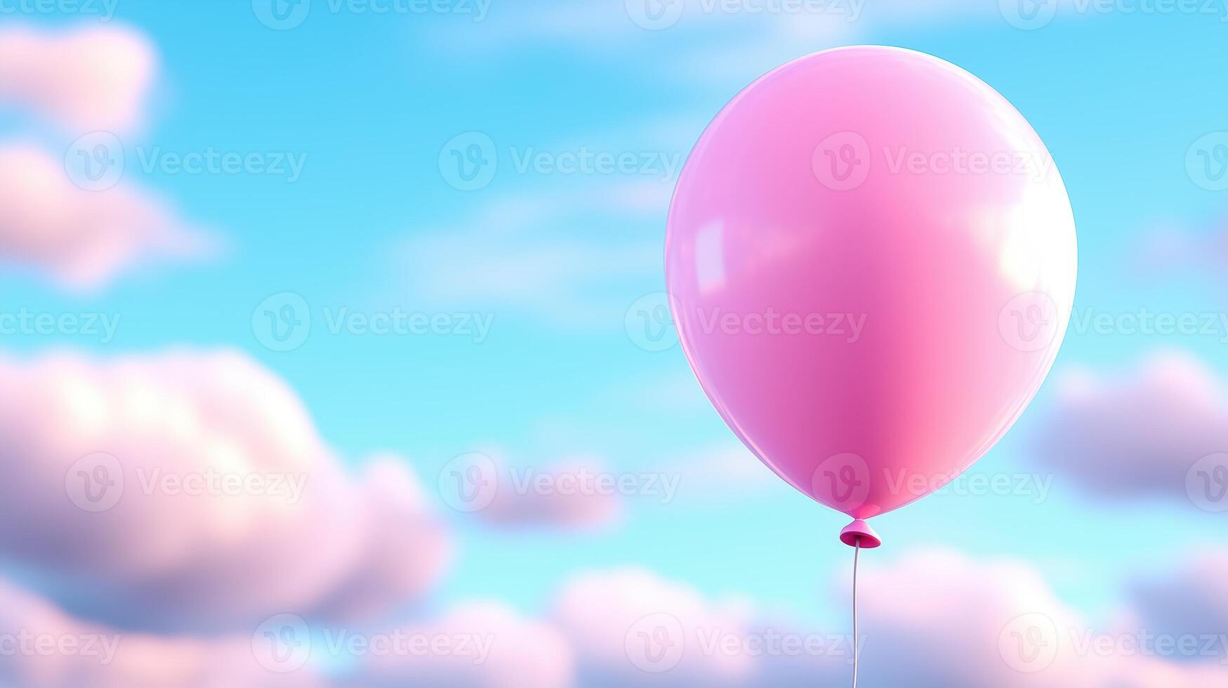 single pink balloon floats against bright blue sky filled with fluffy clouds, evoking sense of joy and whimsy. scene captures lighthearted moment, perfect for celebrations photo