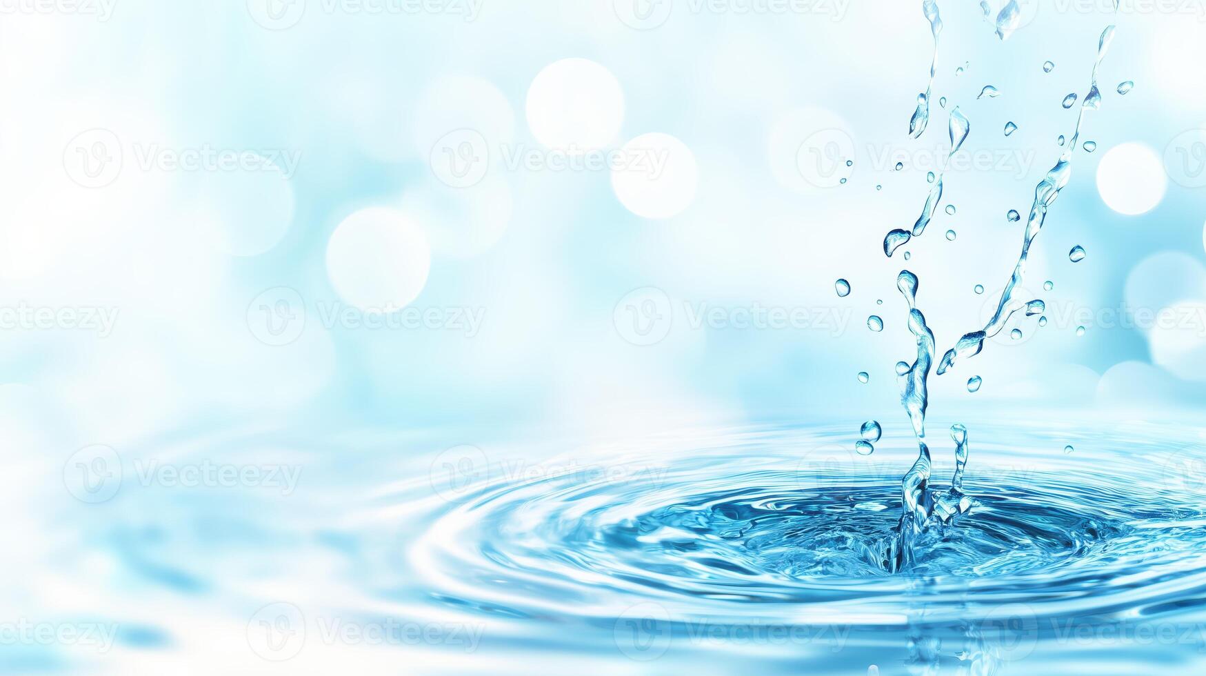 Water droplets create ripples in serene blue background, evoking sense of calm and tranquility. gentle splash and shimmering reflections enhance peaceful atmosphere photo