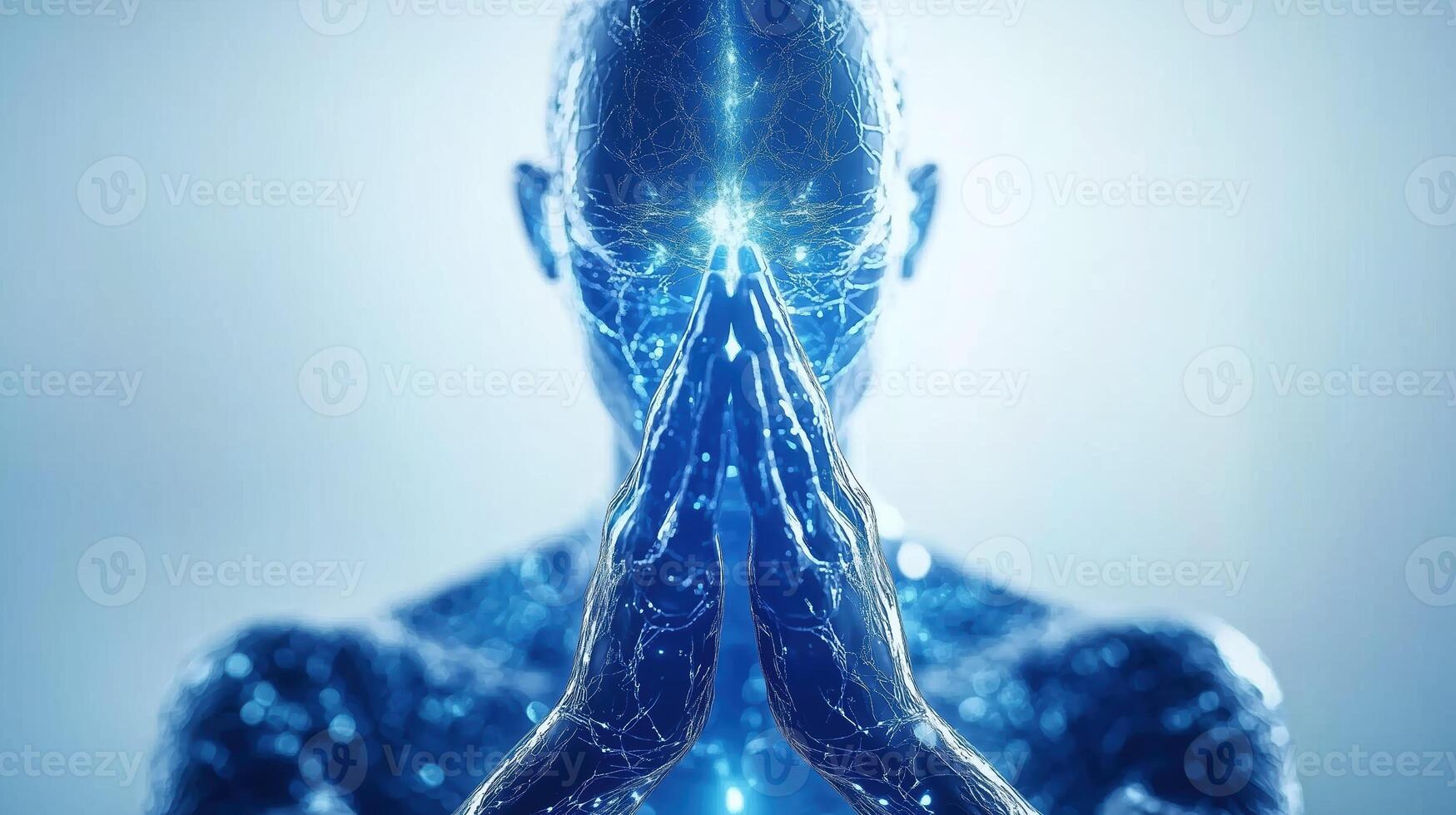 futuristic digital figure with glowing blue circuitry is depicted in meditative pose, symbolizing technology and mindfulness. serene expression evokes sense of calm and introspection photo