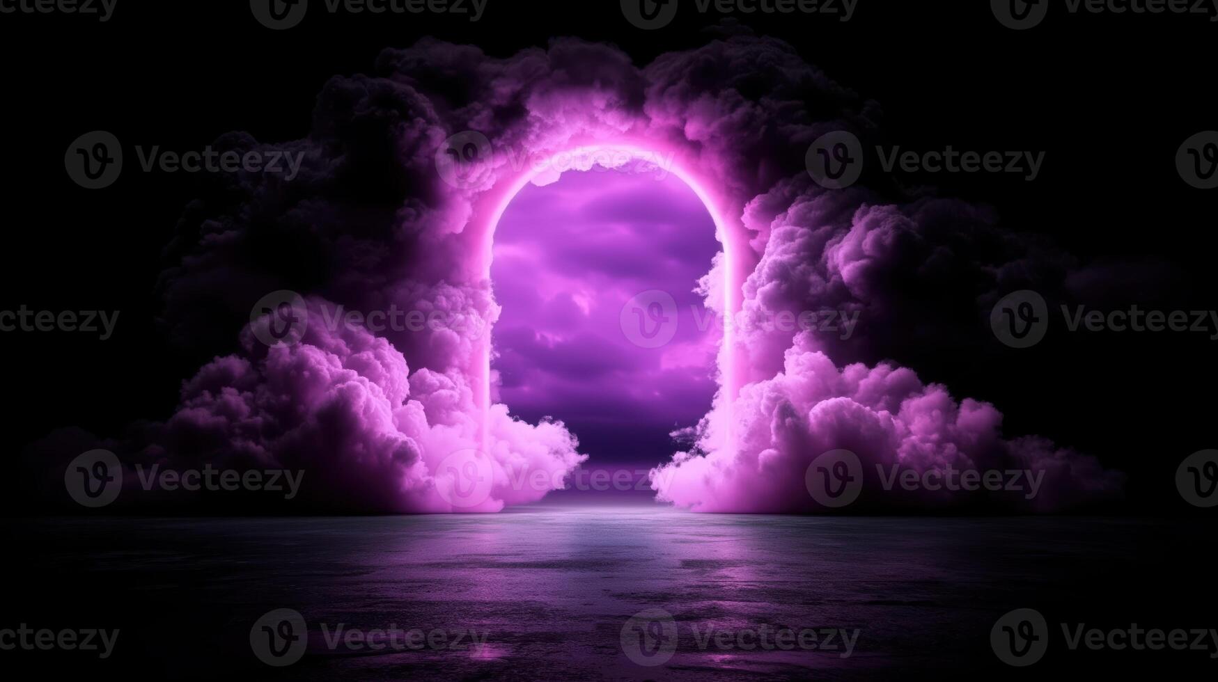 mystical portal emerges from vibrant purple clouds, casting enchanting glow over tranquil water below. This surreal scene evokes sense of wonder and imagination photo