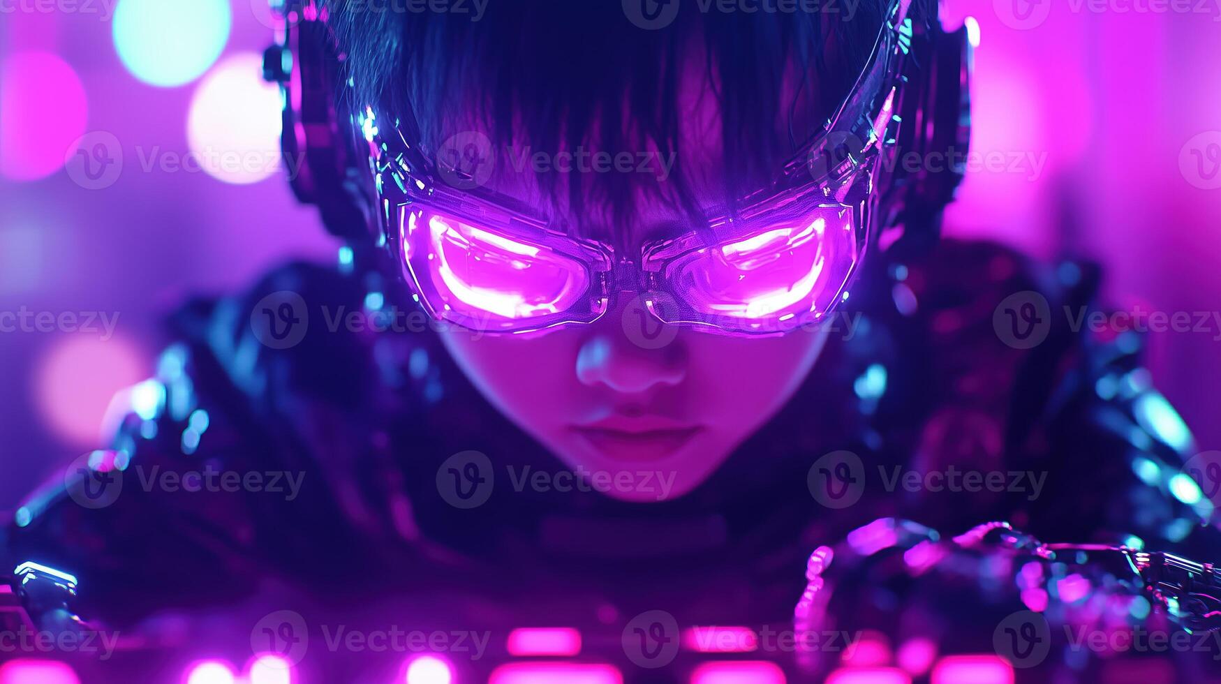 young child wearing futuristic goggles and headphones is immersed in vibrant, neon lit environment, showcasing blend of technology and creativity. colorful lights create energetic atmosphere photo
