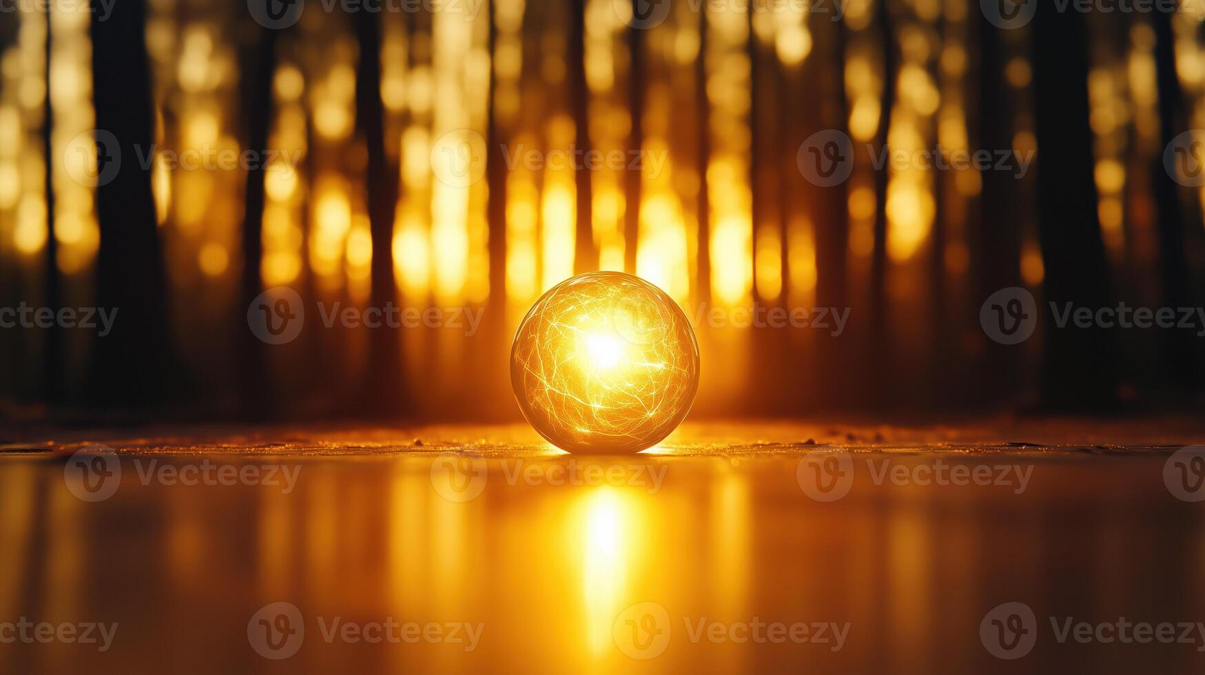 glowing orb radiates warm light amidst serene forest backdrop at sunset, creating magical atmosphere filled with tranquility and wonder photo