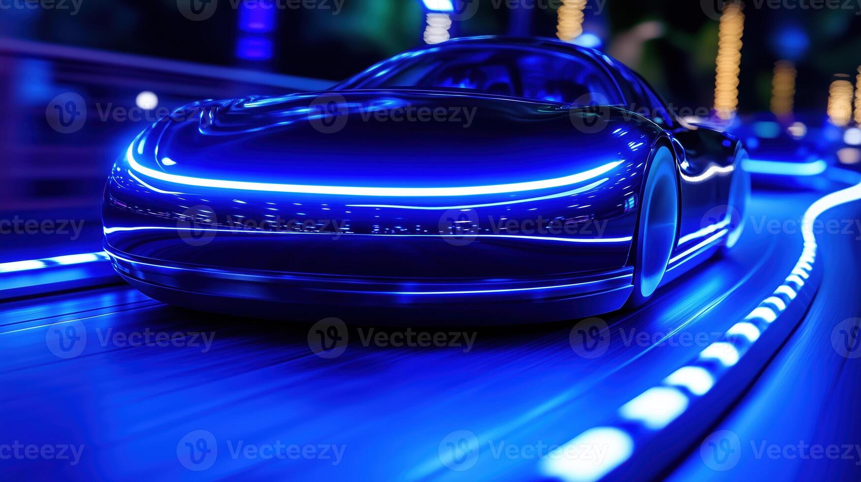 sleek, futuristic car illuminated by vibrant blue lights speeds along dynamic track, showcasing advanced design and technology. atmosphere is energetic and modern, capturing essence of innovation photo