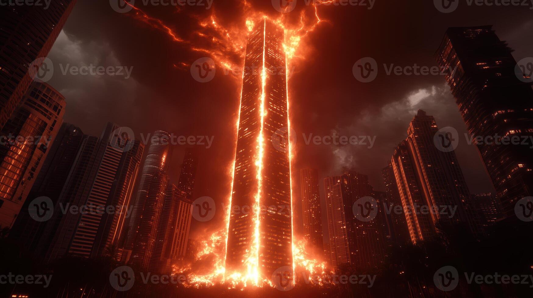 towering skyscraper erupts in flames, surrounded by dark clouds and city buildings, creating dramatic and intense scene. fiery explosion evokes sense of chaos and destruction photo